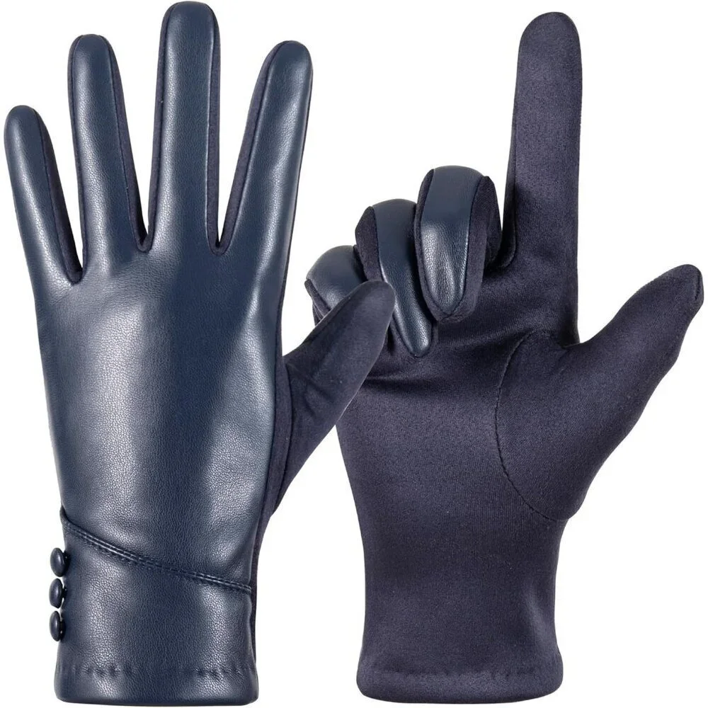 Women's Blue Winter Leather Suede Gloves Wool Lined Windproof Touchscreen